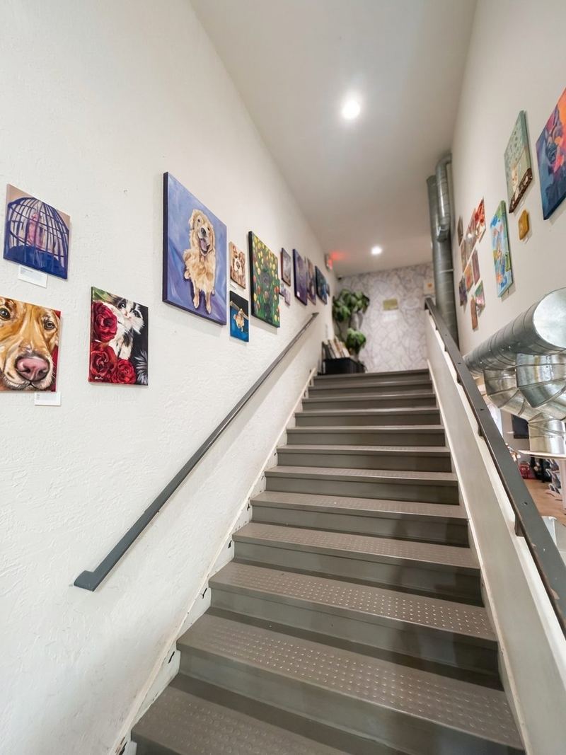A staircase lined with colorful paintings of pets
